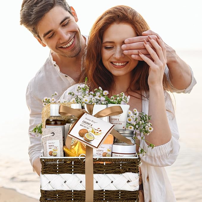 Mothers Day Gifts for Women, 26Pcs Coconut Honey Almond Spa Gift Basket for Women & Men Spa Gift Bask,Spa kit Bath and Body Basket Set, Large Home Spa Kit, Relaxing Self-Care Birthday Bridal Shower