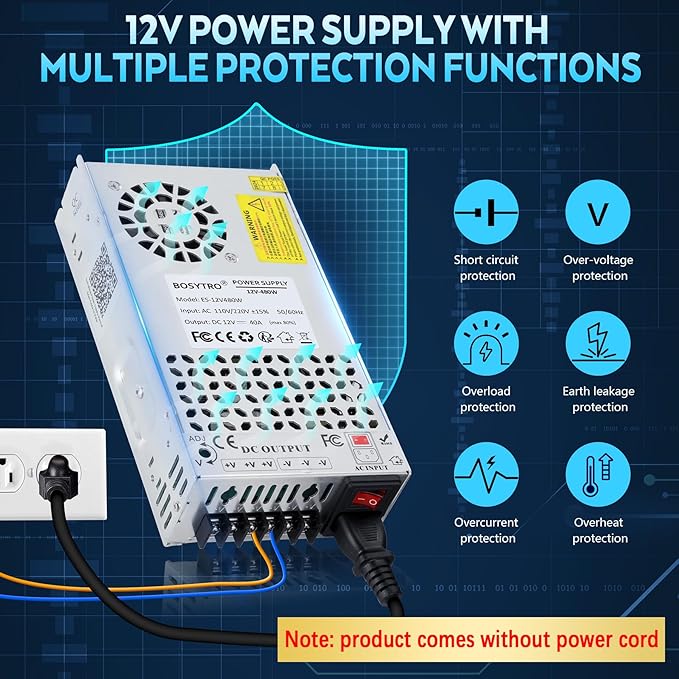 Upgraded 12V DC Power Supply 480W 40A 110v to 12v Converter Switching Power Supply for Led Strip, CCTV, 3D Printer, Motor Pump, Electronic Instruments, Lab Computer, Without Power Cord