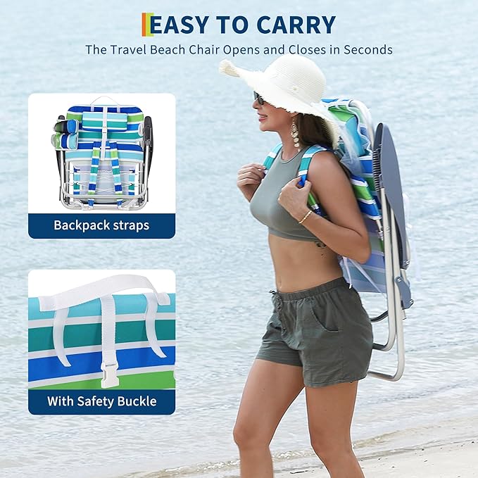 GarveeLife Backpack Beach Chair for Adults 2 Pack, Lightweight Portable Lay Flat Folding Beach Chair with 5 Positions, Backpack Straps, Phone Pocket, Cup Holder & Towel Bar, Support to 300 LBS