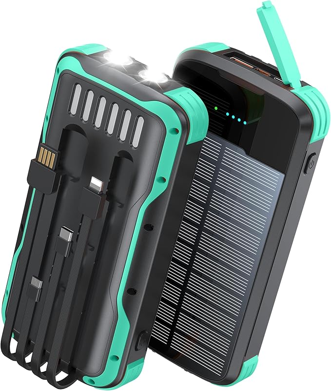 Solar Charger Power Bank, PD 20W Fast Charging External Batter, 40000mAh Portable Phone Charger Built in 4 Cables with Dual Bright Flashlights for Camping, Hiking, and Outdoor Use（Green）