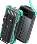 Solar Charger Power Bank, PD 20W Fast Charging External Batter, 40000mAh Portable Phone Charger Built in 4 Cables with Dual Bright Flashlights for Camping, Hiking, and Outdoor Use（Green）
