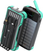 Solar Charger Power Bank, PD 20W Fast Charging External Batter, 40000mAh Portable Phone Charger Built in 4 Cables with Dual Bright Flashlights for Camping, Hiking, and Outdoor Use（Green）