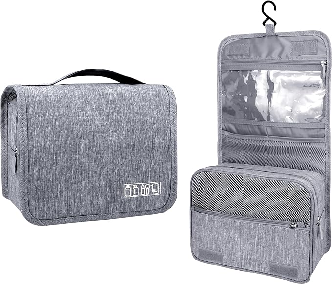 Lcsmaokin Large Capacity Toiletry Bag Travel Bag with Hanging Hook for Men and Women Waterproof Travel Cosmetic Bag Bathroom Storage Bag for Brushes Set,Full-Sized Shampoo,Toiletries,Accessories-Grey