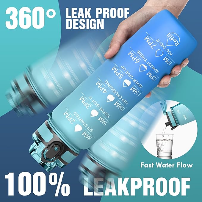 OLDLEY Water Bottle, 32oz Motivational Sports Water Bottle with Time Marker - Times to Drink - Tritan, BPA Free, Wide Mouth Leakproof, Anniversary Birthday Gifts for Men Women, Luca (1 Bottle)