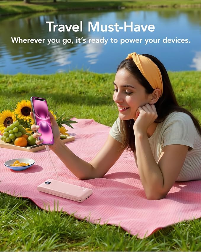 VRURC Portable Charger Power Bank - 10000mAh Fast Charging 22.5W PD 20W Portable Charger with Built in Cables, Portable Charger with Cords External Charger Travel Accessories-Pink
