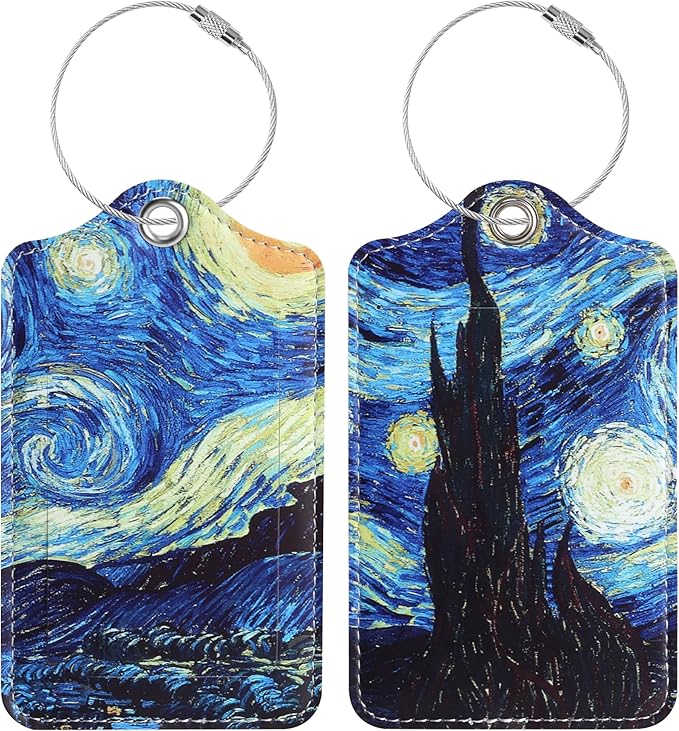 Luggage Tags for Suitcases, 2 Pack Cute PU Leather Luggage Tag TSA Approved with Stainless Steel Loop and Address Card Baggage Tag for Travel&Cruise Ships&Shipping Starry Night, by Chelmon
