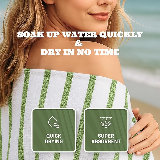 White Classic Cotton Pool Towels Oversized 35 x 70 Inches, Ultra Absorbent and Low Lint Striped Beach Towels for Adults, Stripes Design Luxury Extra Large Bath Towels, Green, 3 Pack
