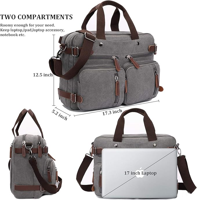 CROCOD 3 In 1 Canvas Convertible Laptop Bag for Men Women, 17.3 inch Laptop Messenger Bag Work Briefcase, Computer Shoulder Bag for Travel Business Office (17.3 Inch, Grey) | 3 In 1, Multi-pocket