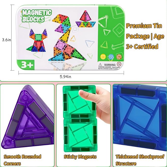 Magnetic Tiles 42PCS 0.8in Portable Magnet Toys for Kids，Travel Magnetic Blocks with Metal Storage Box，Stacking Magnets Sensory Tiles for Toddlers Ages 3+