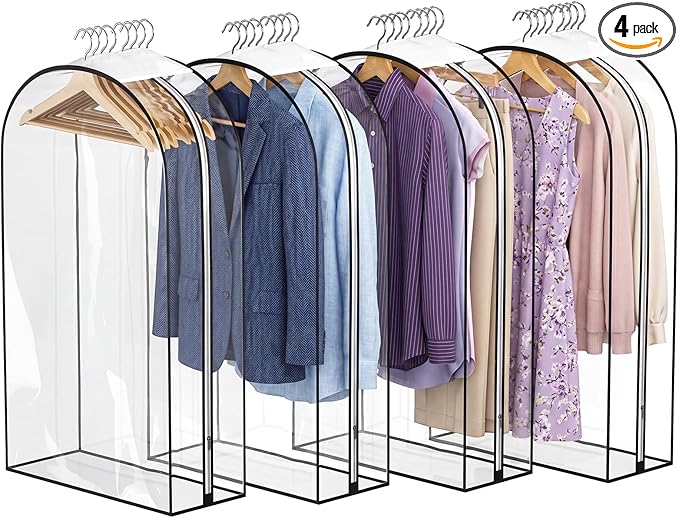4 Pack Full Clear Garment Bags with Side Zipper, 40" Clothes Covers with 10" Gusset, Transparent Hanging Suit & Coat Covers for Closet Storage, Jackets, Dresses, Windbreakers