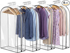 4 Pack Full Clear Garment Bags with Side Zipper, 40" Clothes Covers with 10" Gusset, Transparent Hanging Suit & Coat Covers for Closet Storage, Jackets, Dresses, Windbreakers
