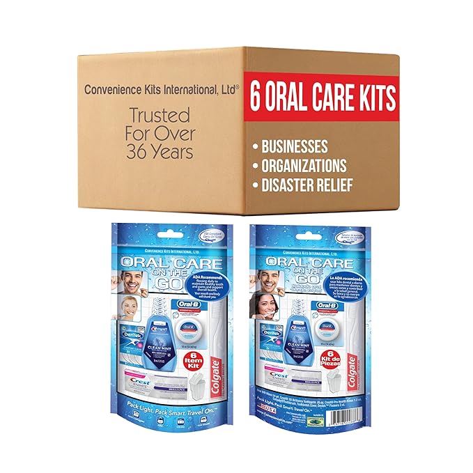 Convenience Kits International 6 Piece Oral Care Travel Kit, Toothbrush Toothpaste Mouthwash Dental Floss Flossers, Bilingual Packaging