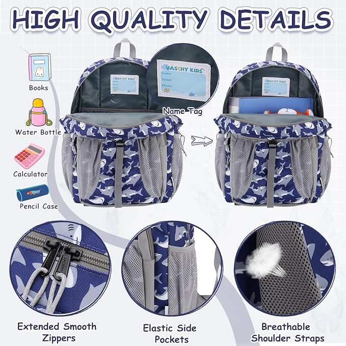 VASCHY Kids Backpack Lunch Bag Set, Boys Large School Bookbag Insulated Lunch Box for Toddlers Preschool,Daycare,Kindergarten,Elementary School Shark