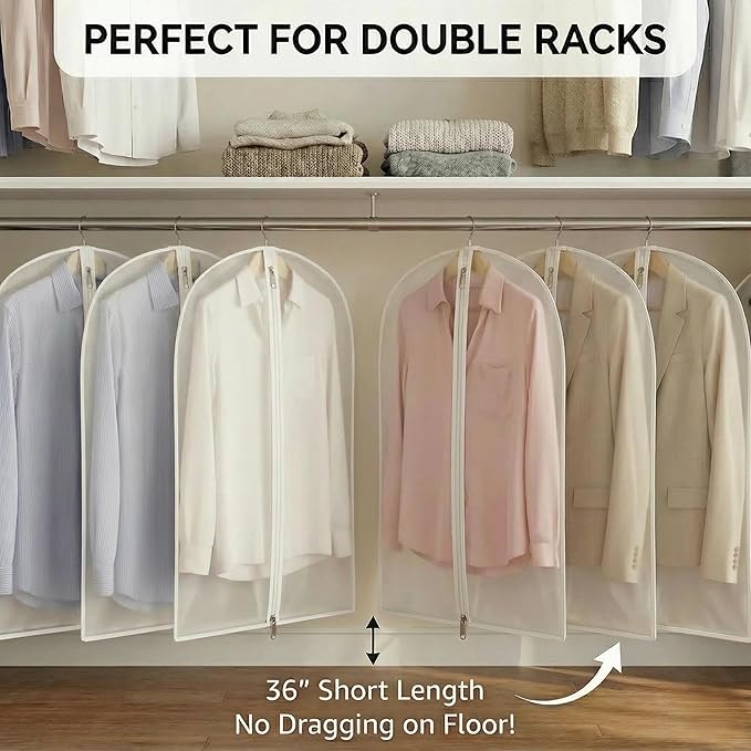 MsKitchen 12 Pack Shirt Garment Bags (24x36") - Dustproof Short Suit Covers - Durable PEVA Closet Bags with Sturdy Zipper for Blouses, Jackets, Sweaters & T-Shirts (Translucent)