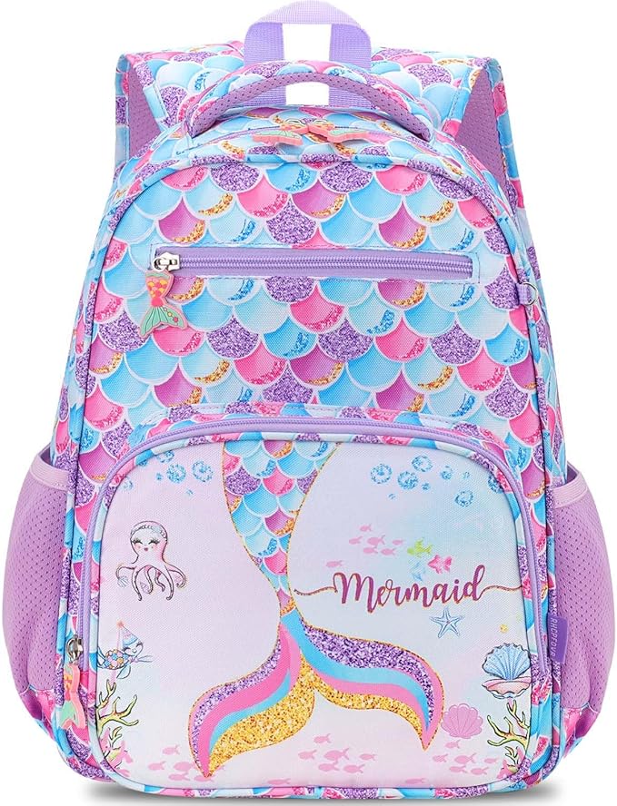 RHCPFOVR Kids Backpack for Girls - Girls Backpack 3-8 Ages Mermaid for Kids 15 Inch School Bookbag for Kindergarten Elementary School Bookbag for Girl 1st 2nd Grade