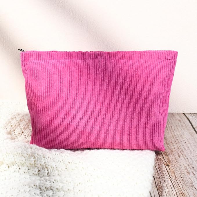 SOIDRAM 2 Pcs Corduroy Makeup Bag Large Cosmetic Bag Toiletry Bag Makeup Pouch Travel Bag Organizer Cute Makeup Brushes Aesthetic Accessories Storage Bag for Women Rose Red