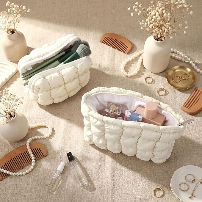 Huhumy 2 Pcs Puffy Makeup Bag Quilted Cosmetic Pouch for Women Cute Checkered Travel Toiletry Bag Puffer Makeup Organizer Purse Pouch Preppy Pencil Case with Zipper(White)