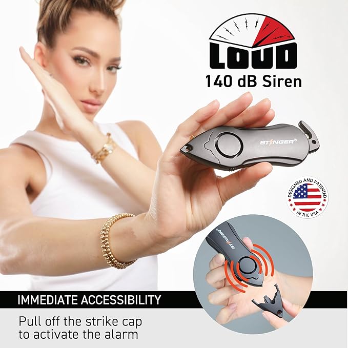 Stinger Personal Alarm Keychain Emergency Tool, Safety Panic Alarm Siren, Seat Belt Cutter, Glass Breaker, Security Device for Women Men Kid, Design in USA (Shark)