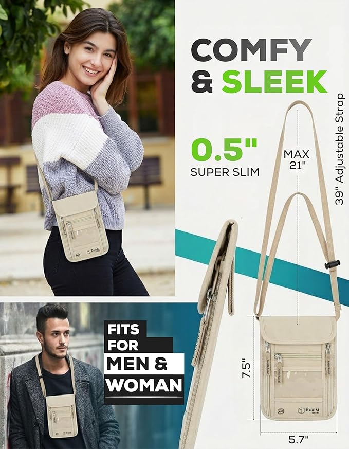 RFID Travel Neck Wallet - Beige | Sleek, Secure Passport Holder and Money Pouch with Adjustable Neck Strap for Men and Women to Keep Cash, Credit Cards & Travel Documents Safe