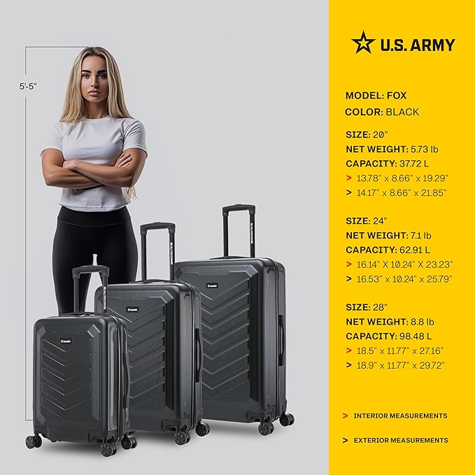 US ARMY FOX 3 Pcs Set Hardshell Luggage with Spinner Wheels | 20, 24, 28 inch Lightweight Travel Suitcase, Chevron Icon, Gel Handle, Retractable Trolley, Side Studs | Black