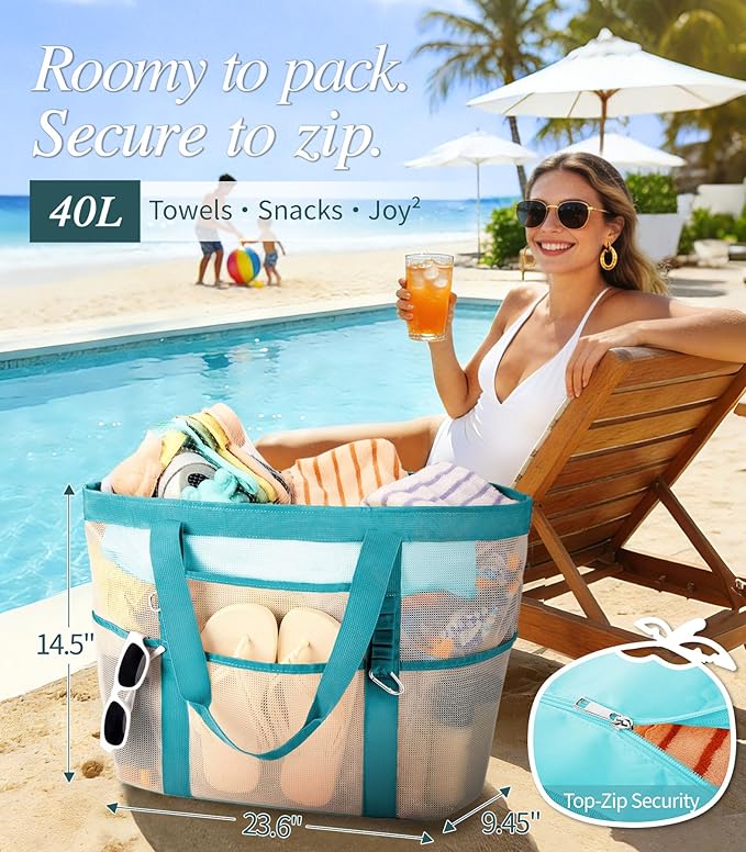 2026 Stylish & Spacious XX-Large Beach Bag for Women – Mesh × Canvas Tote with Top Zipper, 11 Tall Pockets | 40L+ Spacious, 11 Tall Pockets, Zipper Pouch, Secure Zip-Top, Sand-Resistant Base