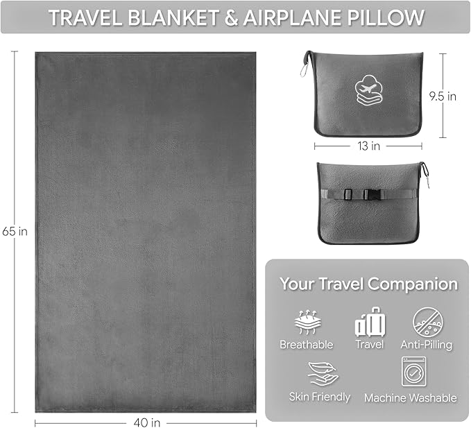 Travel Blanket, Soft 2-in-1 Airplane Blanket, 65x40 Inches, Travel Blanket Airplane Compact with Bag, Car Blanket with Luggage Sleeve & Backpack Clip (Light Grey)