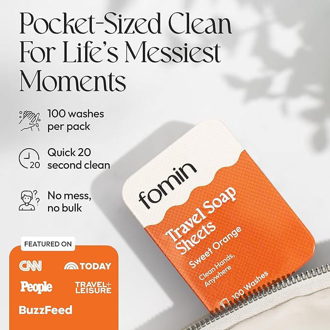 FOMIN - Antibacterial Paper Soap Sheets for Traveling - 100 Orange Portable Hand Soap Sheets for Travel in Tin - Dissolvable Mini Portable Travel Soap Sheet for Hand Washing, Camping and Hiking