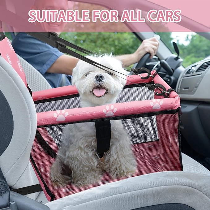 Dog Car Seat Foldable Dog Car Booster Seat Waterproof Breathable Oxford Travel Bag for Small to Medium Dogs, Puppies, and Pets-Footprint Pink