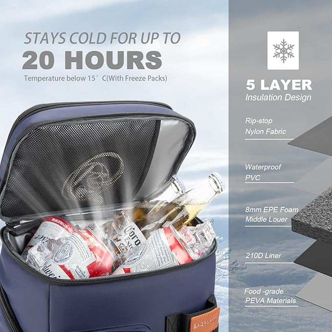 BAGPARKK Insulated Cooler Backpack,33/45 Cans Multifunctional Double Deck Leakproof Cooler Bag with Sternum Strap,Large Capacity Lightweight Travel Camping Beach Backpack