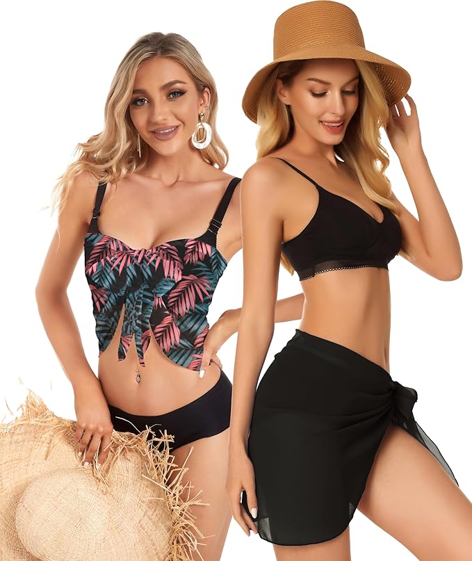 CHICGAL 2 Pieces Women Beach Sarong Bathing Suit Wrap Skirt Sheer Bikini Swimsuit Cover Ups for Swimwear