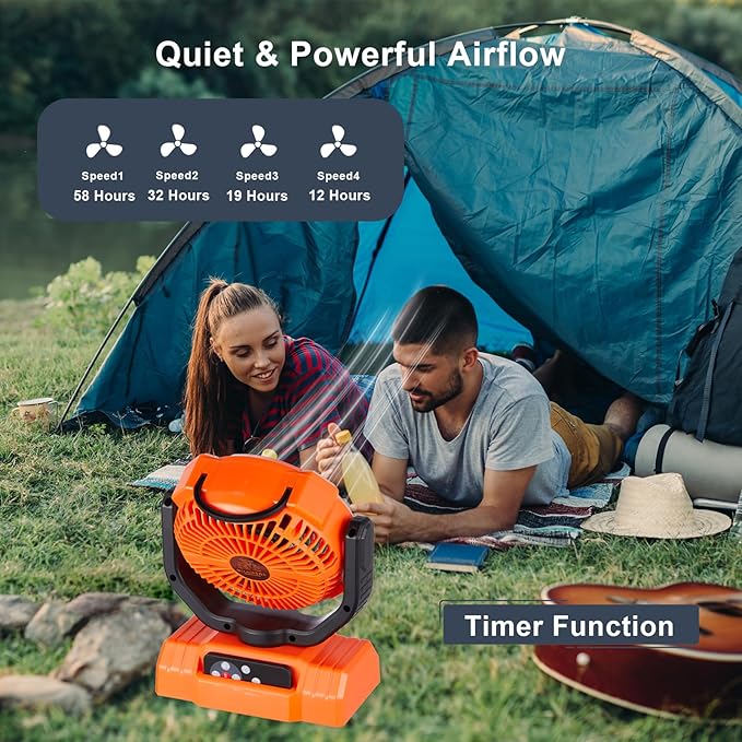 Rechargeable Fan,Operated Camping Battery Powered Fan with Hook&Bright LED Light,Remote Control Timer Auto Oscillation Cordless for Outdoor Power Outage,Picnic,Barbecue,Fishing,Worksite,Home,Tent