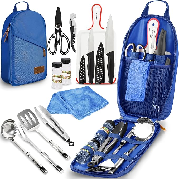 Wealers Camp Kitchen Cooking Utensil Set Travel Organizer Grill Accessories Portable Compact Gear for Backpacking BBQ Camping Hiking Travel Cookware Kit Water Resistant Case