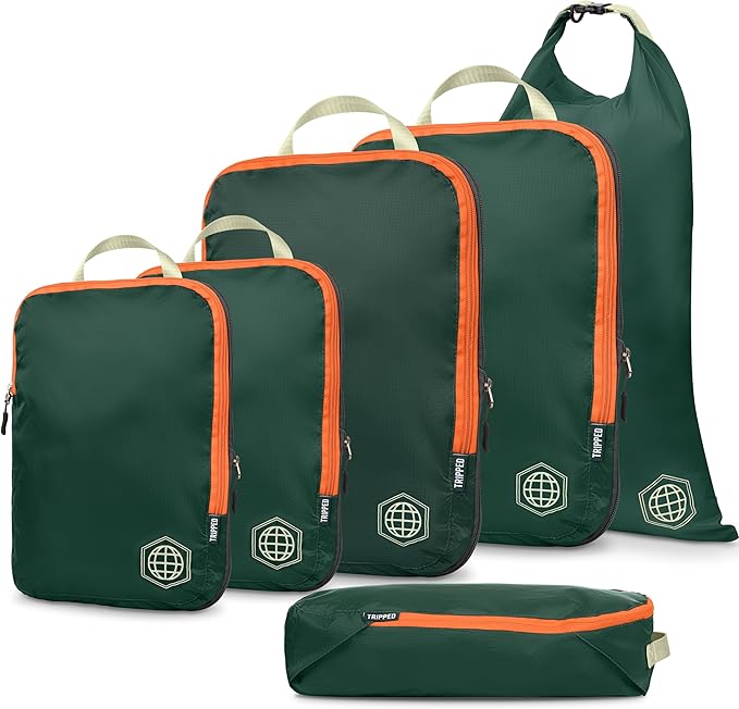 Compression Packing Cubes for Travel, 6-Piece Lightweight Packing Cubes Set for Carry-On Luggage & Backpacks – TRIPPED Travel Gear (Green and Orange)