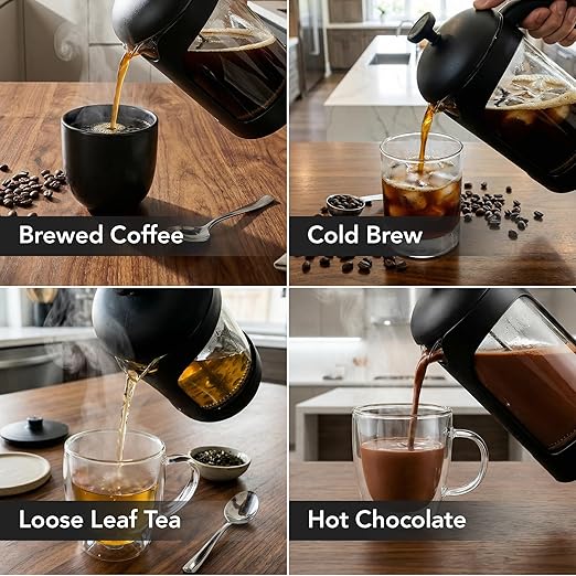 OVENTE French Press Coffee Maker 20 Ounce with Heat Resistant Borosilicate Glass & Stainless Steel 4-Level Filtration System, Portable Cold Brew Coffee Maker for Travel, Camping or Gift, Black FPB20B
