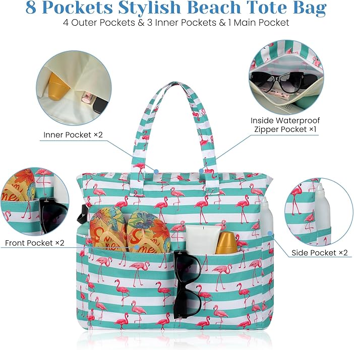 Trifabricy Beach Bags for Women Waterproof Sandproof Women Tote Bag, Large Beach Bag with Zipper for Gym Travel Vocation