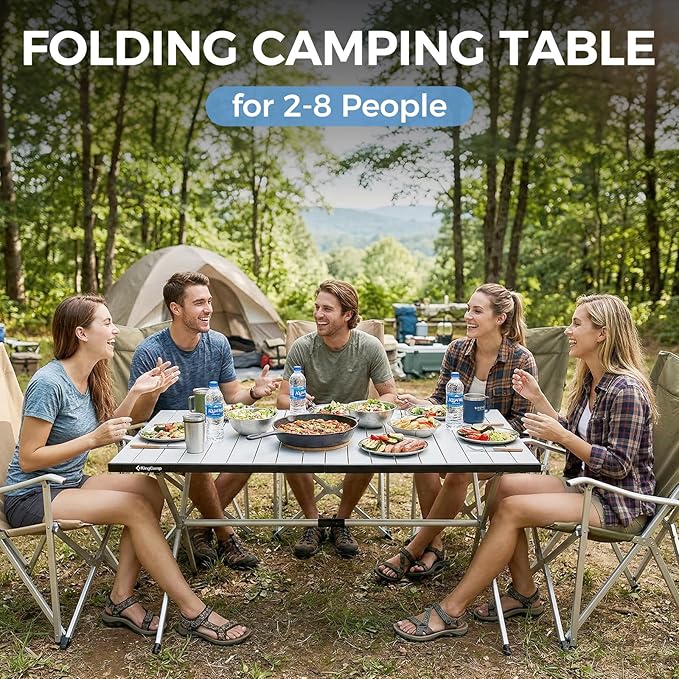 KingCamp Large Folding Camping Table Aluminum Roll Up Table Oversized Camp Table Stable Portable Outdoor Folding Table for Picnic Camping BBQ Backyard Party, 57.4''×31.4'' 6-8 Person,Support 176lbs