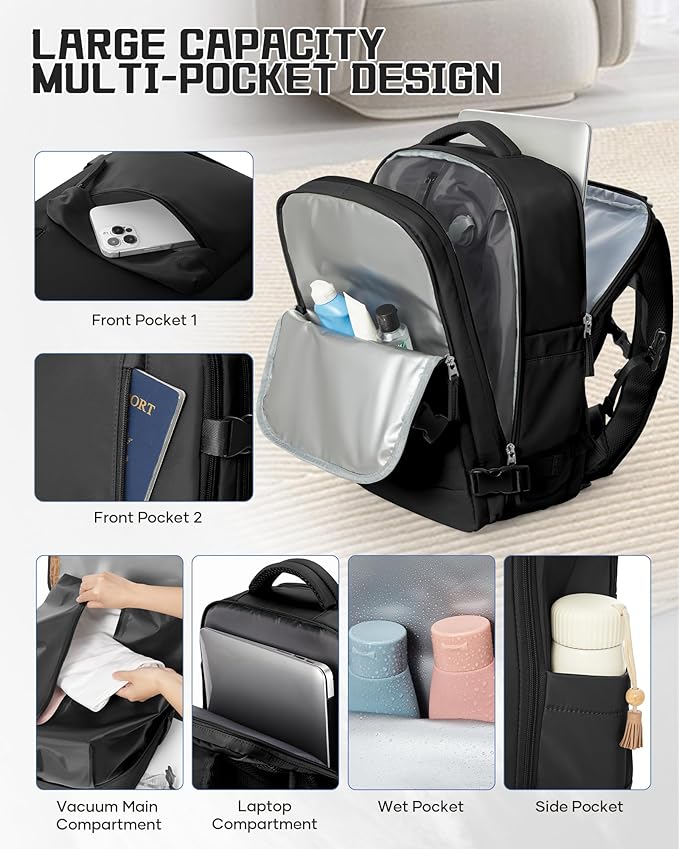 WONHOX Vacuum Seal Backpack for Travel with Air Pump Compression Vacpack Carry on Flight Approved Daypack Laptop Space Saver Bags Storage with Vacuum System 18x14x8 inches Travel Bag Women Men Black