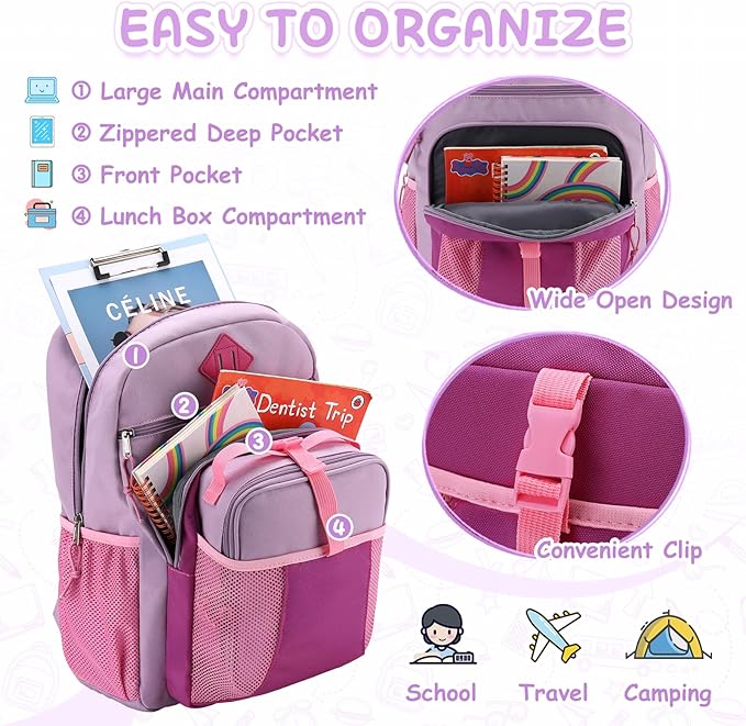 VASCHY Kids Backpack Lunch Bag Set, 2-1 School Bookbag Insulated Lunch Box for Toddlers,Preschool,Daycare,Kindergarten,Elementary School Pink