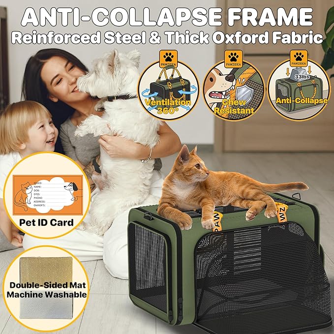 PAWZIDEA Expandable Pet Carrier Airline Approved, 18"×11"×11" Small Dog Carriers, Collapsible Top-Load Cat Carrier for 2 Cats Under Seat, Soft-Sided Puppy & Animal Travel Bag, ID Card, Up to 15lbs