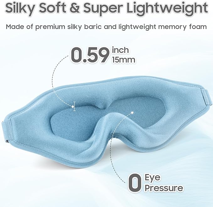 Sleep Mask - Total Blackout 3D Sleeping Mask, Super Lightweight & Silky Soft Eye Mask for Sleeping, Fully Adjustable Fit for Home, Traveling, Meditation, Yoga, Light Blue, Mothers Day Gifts