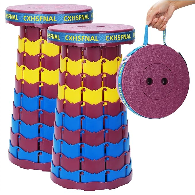 2 Pack Portable Collapsible Stools - Adjustable Folding Stool for Adults, Retractable Foldable Seat with Load Capacity 400lbs for Camping, Hiking, Fishing, Outdoor/Indoor, Multicolored