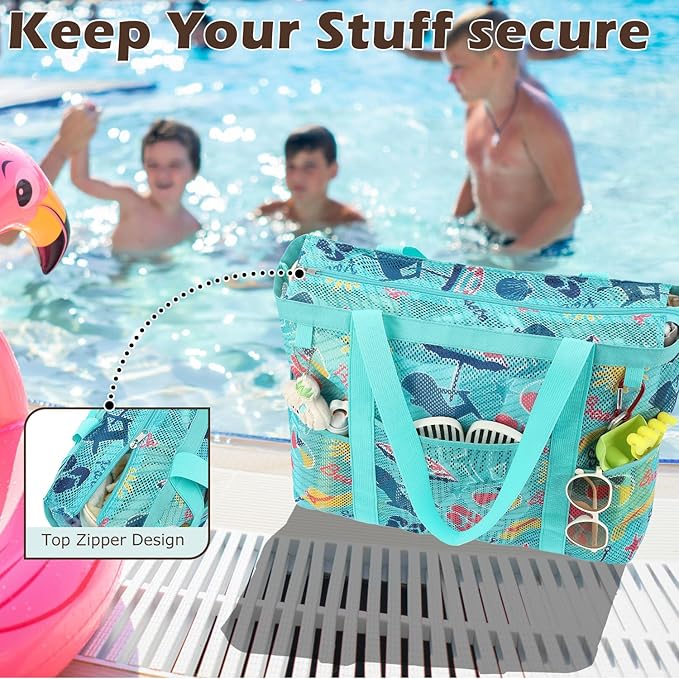 Fammart Mesh Beach Bag with Zipper, Large Beach Tote for Women, Toys Pool Swim Bag Travel Vacation Cruise Essentials