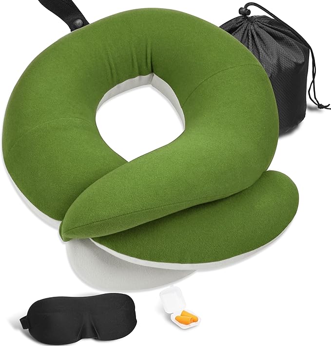 BUYUE Travel Neck Pillows for Airplanes, Memory Foam 360° Head Support Sleep for Long Flight, Skin-Friendly & Breathable, Kit with Eye Mask, Earplugs and Storage Bag (Adult, Green, 90+ lbs)