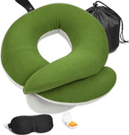 BUYUE Travel Neck Pillows for Airplanes, Memory Foam 360° Head Support Sleep for Long Flight, Skin-Friendly & Breathable, Kit with Eye Mask, Earplugs and Storage Bag (Adult, Green, 90+ lbs)