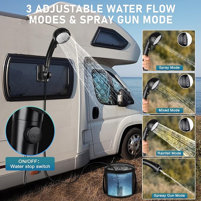 Spopal Portable Shower for Camping, Rechargeable Camping Shower with Collapsible Bucket with Handle 20L Intelligent LED Display, 4 Spray Modes, Outdoor Shower Kit for Hiking, Travel, Car, Pet 【Black】