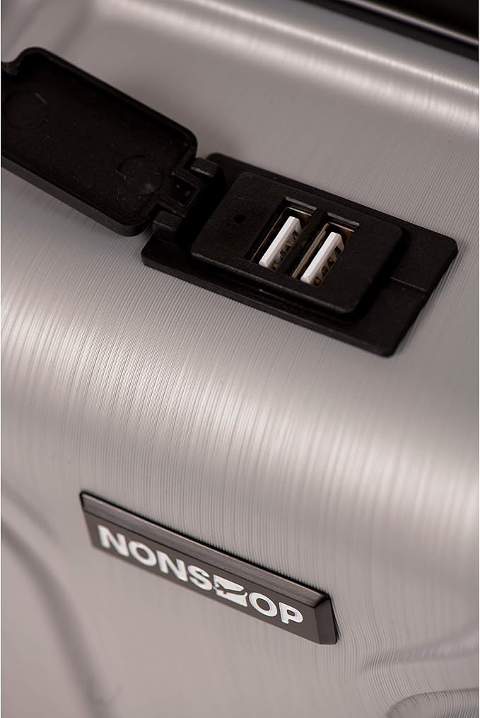 NONSTOP NEW YORK Luggage Expandable Spinner Wheels hard side shell Travel Suitcase Lightweight, TSA Lock, Double USB Port (Silver, Carry-On 20-Inch)