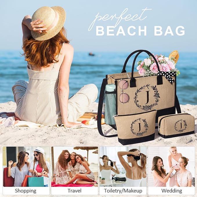 Personalized Gifts for Women Tote Bag, Initial Jute Tote Bag & Makeup Bags Monogrammed Beach Bag w/ Zipper, Mothers Day Birthday Gifts for Women Her Friends Mom Daughter Sister Grandma Teacher Nurse