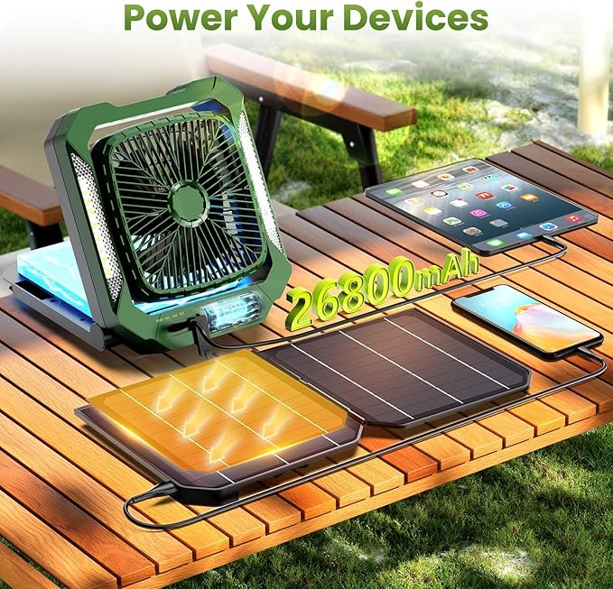 26800mAh Portable Fan Rechargeable with 18W Detachable Solar Panel, Quiet Battery Powered Camping Fan Cordless with LED Lantern,3 Speed,Timer,USB-C,for Bedroom Tent Home Office Desk Hurricane(Green)