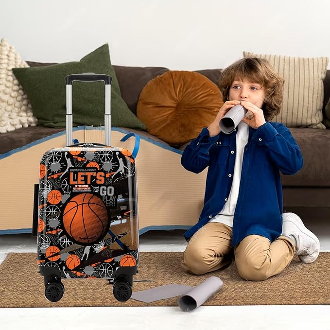 Kid’s Luggage Set 2 Piece Suitcase Set 16’’ Hardside Luggage with Spinner Wheels Girls Boys Carry on Toddler Luggage Travel Rolling Luggage Carry on Luggage Airline Approved Basketball