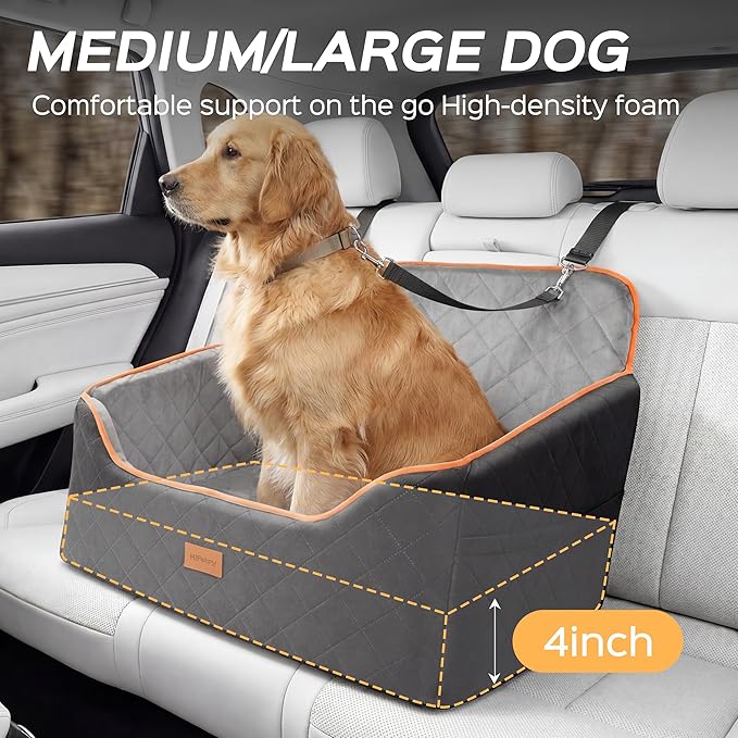 HiPetpy Dog Car Seat Elevated Memory Foam Booster Seat for Large Medium Dogs Under 55 lbs with Pet Blanket, Washable Pet Car Seat with Safety Leash, Anti-Slip Base and Storage Pockets